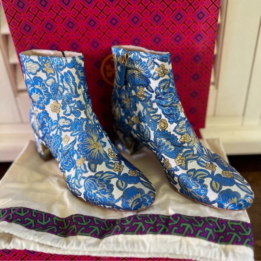Tory Burch Blue and Gold Floral brocade Ankle Boots 10